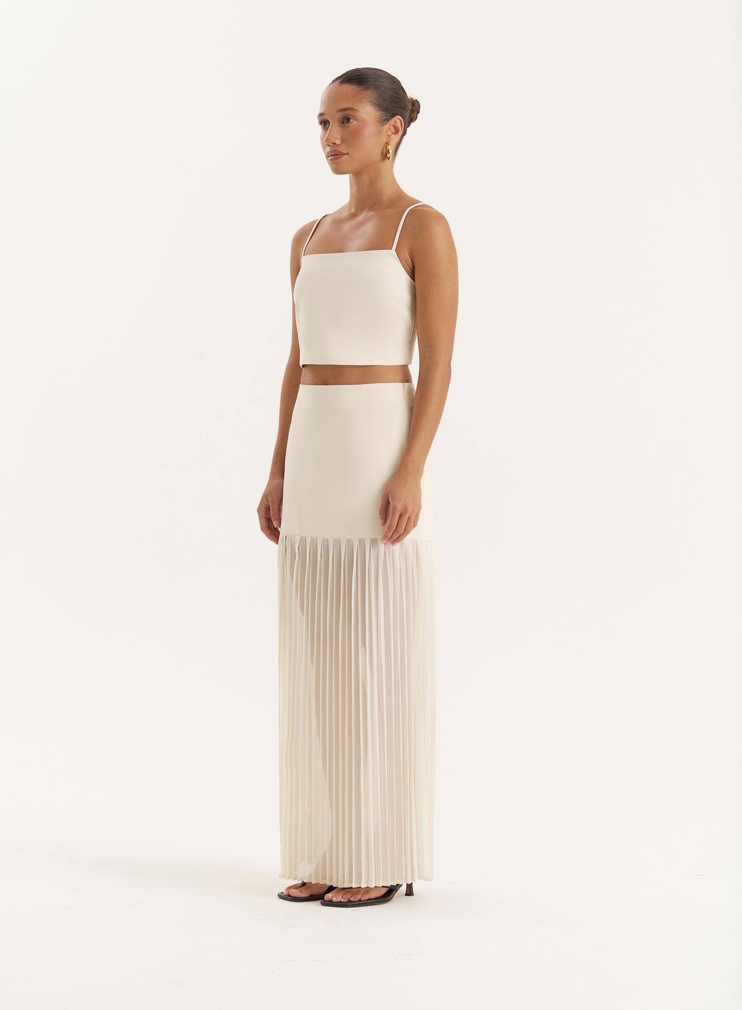 Cream Side Split Pleated Maxi Skirt
